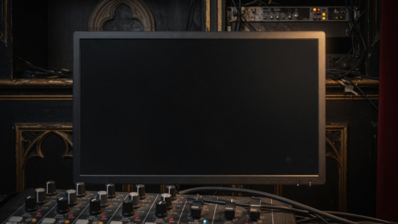 Blank computer monitor in a church tech booth